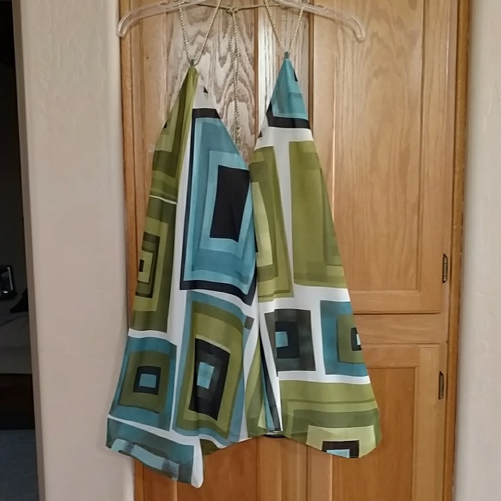 Green black and blue geometric halter top large